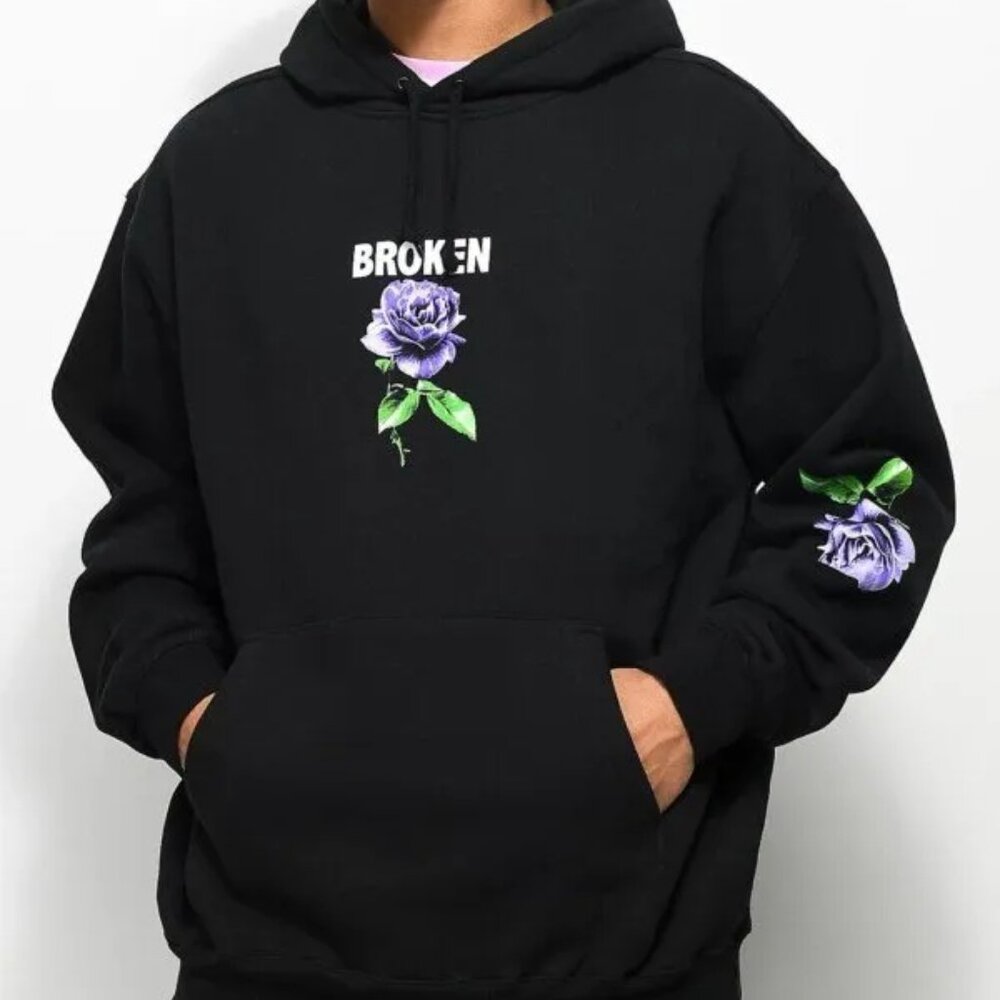 Broken Promises Thornless Black Hoodie Purple Rose Design Unisex Size Medium